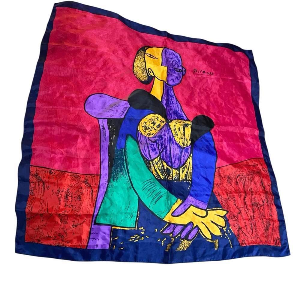 Vintage Picasso Silk Scarf Square Seated Woman Abstract Art Multicolor 34"
